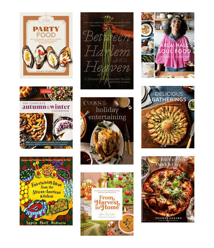 Covers of cookbooks focused on holiday meals and entertaining.