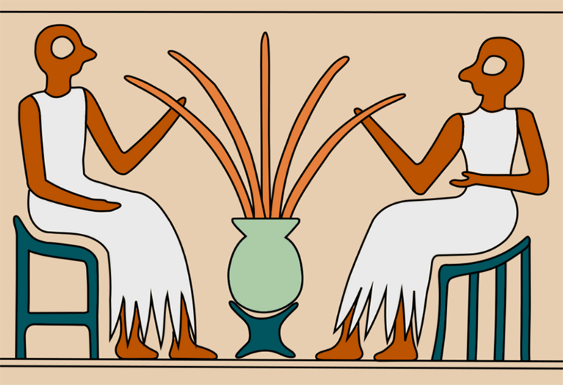 Two abstract seated figures wearing white garments. They are holding long objects that point into a large shared jar between them - stirring implements, or drinking straws?