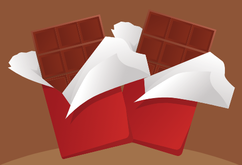 Two chocolate bars with the wrappers peeled open (but no golden tickets visible).