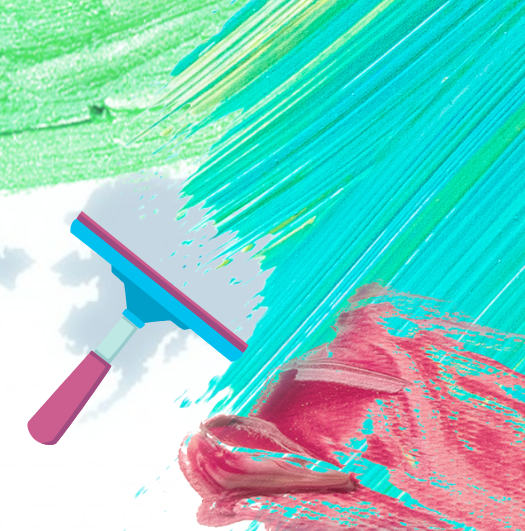 Illustration of a squeegee swirling green, turquoise, and magenta paint into patterns.