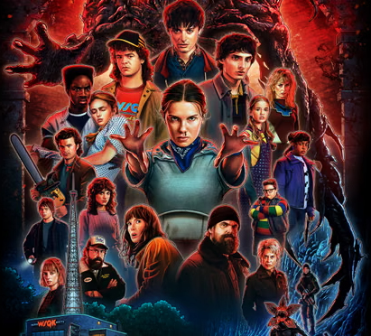 The cast of Stranger Things characters on a sinisterly glowing red and blue background. A large dark form looms behind them at the top. A radio station with a glowing tower is at the bottom left.