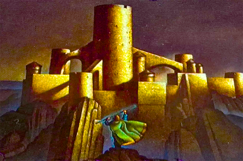 A person wearing a green cloak stands on a rock facing a stone castle, lifting a glowing blue staff in the air.