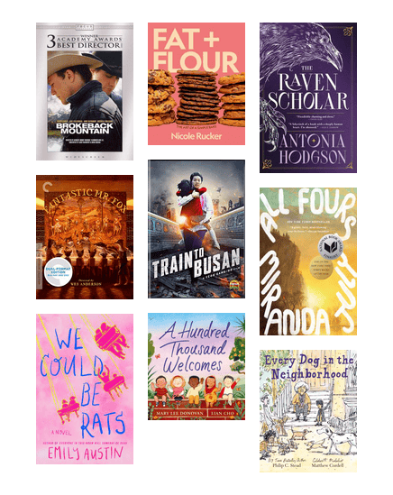 Grid of covers of a wide range of books and movies.