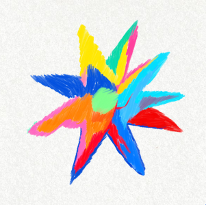 A multi-colored, many-pointed star that looks painted.