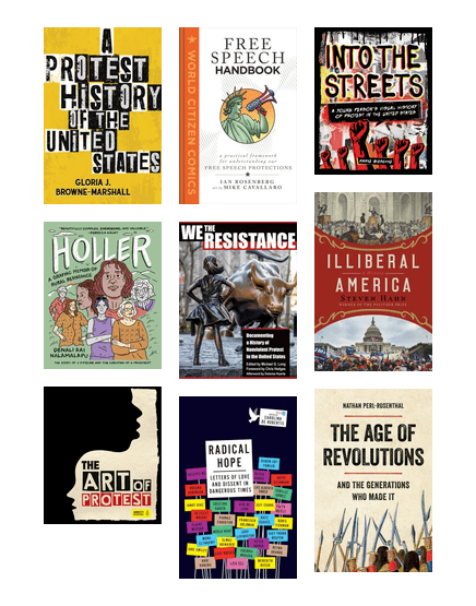 Grid of covers of nonfiction books about protest and revolution.