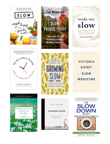 Covers of books that highlight the many advantages of adopting a slower pace in daily life, including stress reduction and enhanced mental clarity.