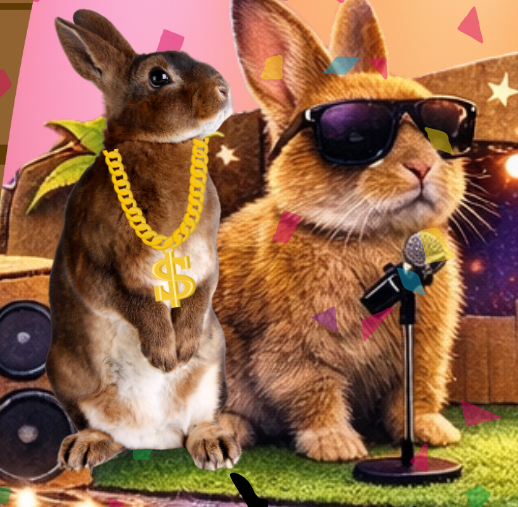 A bunny wearing sunglasses and another bunny wearing a gold chain stand on a grassy stage in front of a microphone and speakers.