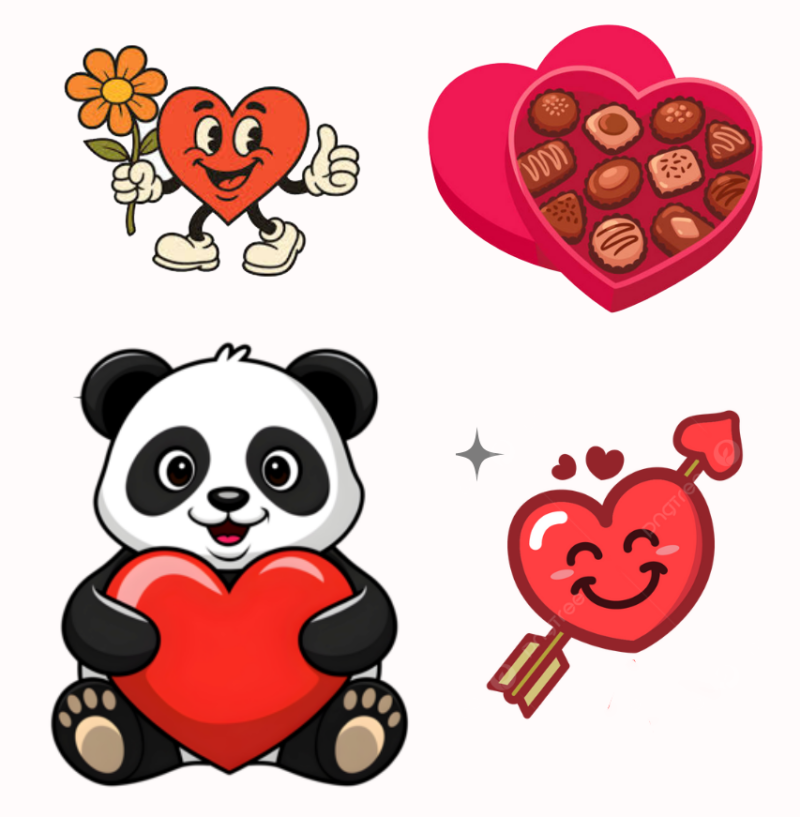 Valentines cartoons: smiling anthropomorphic hearts, a smiling panda holding a heart, a heart-shaped box of chocolates.