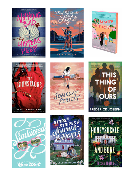 Grid of YA book covers starting with Nothing Bad Happens Here, Meet Me Under the Lights, and Summer Official.