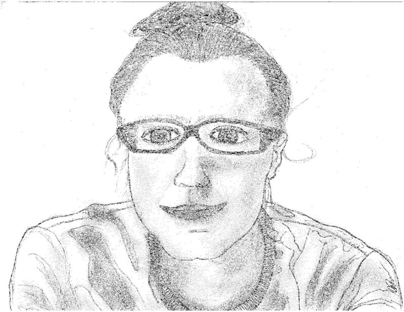 Portrait of Megan done in pencil by a patron that includes shading for tones of grey and soft lines. 