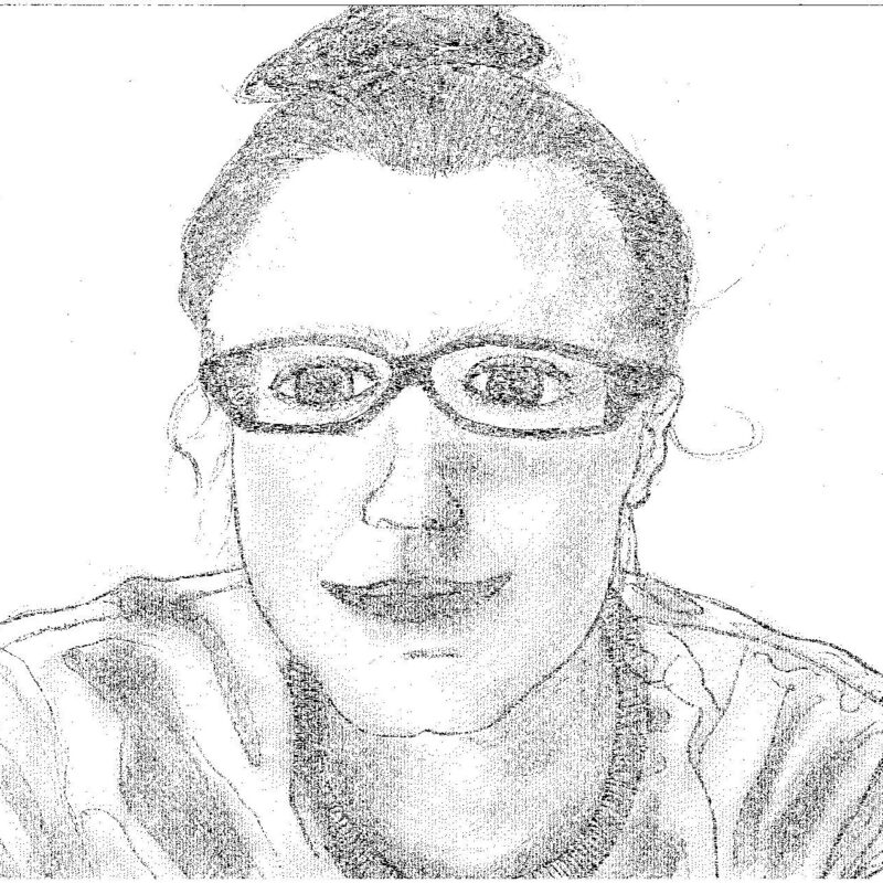 Portrait of Megan done in pencil by a patron that includes shading for tones of grey and soft lines.