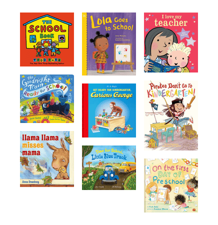 Covers of picture books about the first day of school for kiddos who may be entering school for the first time!