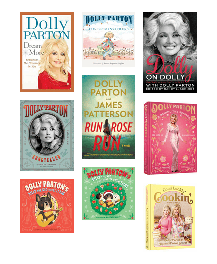 Covers of books and music created by country music legend and philanthropist Dolly Parton, along with several of her personal favorite books.
