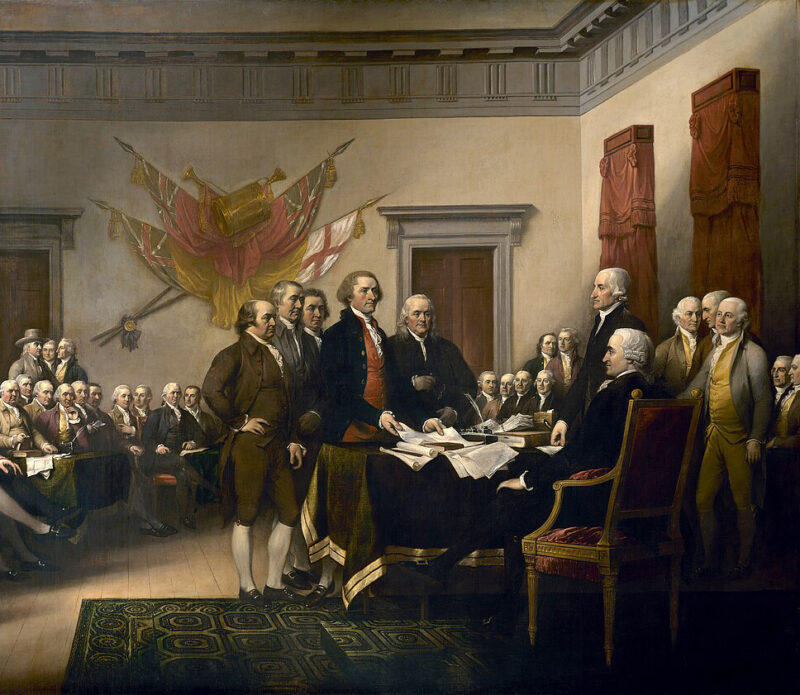 Section of John Trumbull's painting, Declaration of Independence, depicting the five-man drafting committee of the Declaration of Independence presenting their work to the Congress.