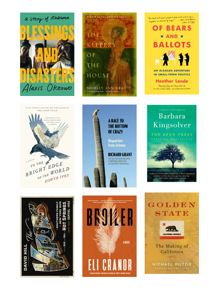 Covers of two books each (one fiction and nonfiction) having to do with Alabama, Alaska, Arizona, and Arkansas. They are arranged alphabetically by state, so see the full list for California through Wyoming.