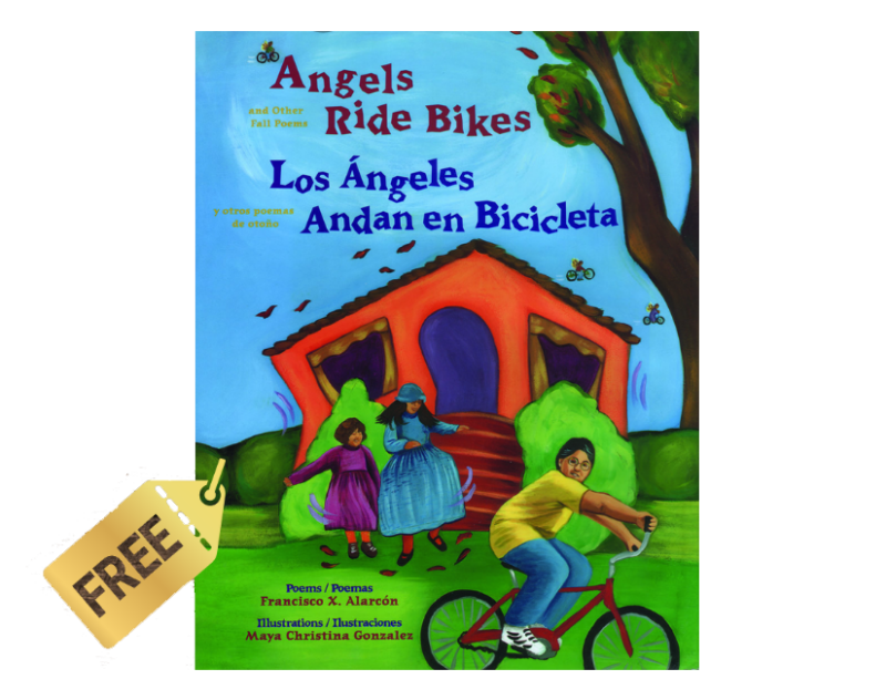 Cover of the book Angels Ride Bikes and Other Fall Poems, with a tag saying Free! attached.